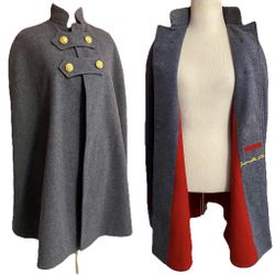 Vintage Nurses Cape, WWII Blue Gray Wool Cape With Red Lining, Gold Buttons, S/M