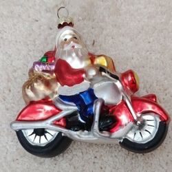 Motorcycle Santa Glass Christmas Ornament 