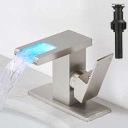 Hoimpro LED Waterfall Bathroom Faucet Brushed Nickel, Single Handle Bathroom Sink Faucet 1 Hole, 3 Colors Light Changing, with Pop-up Drain and cUPC S