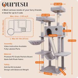 Cat Tree, 61 inch Tall Cat Tower for Large Cat Indoor, Enlarged Condo, 2 Padded Perches with 1 Widened, Large Hammock, Scratching Post and ramp, Fluff