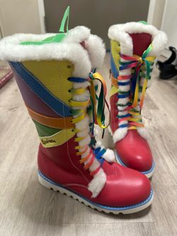 Rainbow Colorblock Fur-Lined Lace-Up Boots US Women Size 7