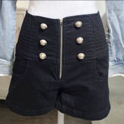 High-Waist Dark Denim Shorts with Gold Buttons