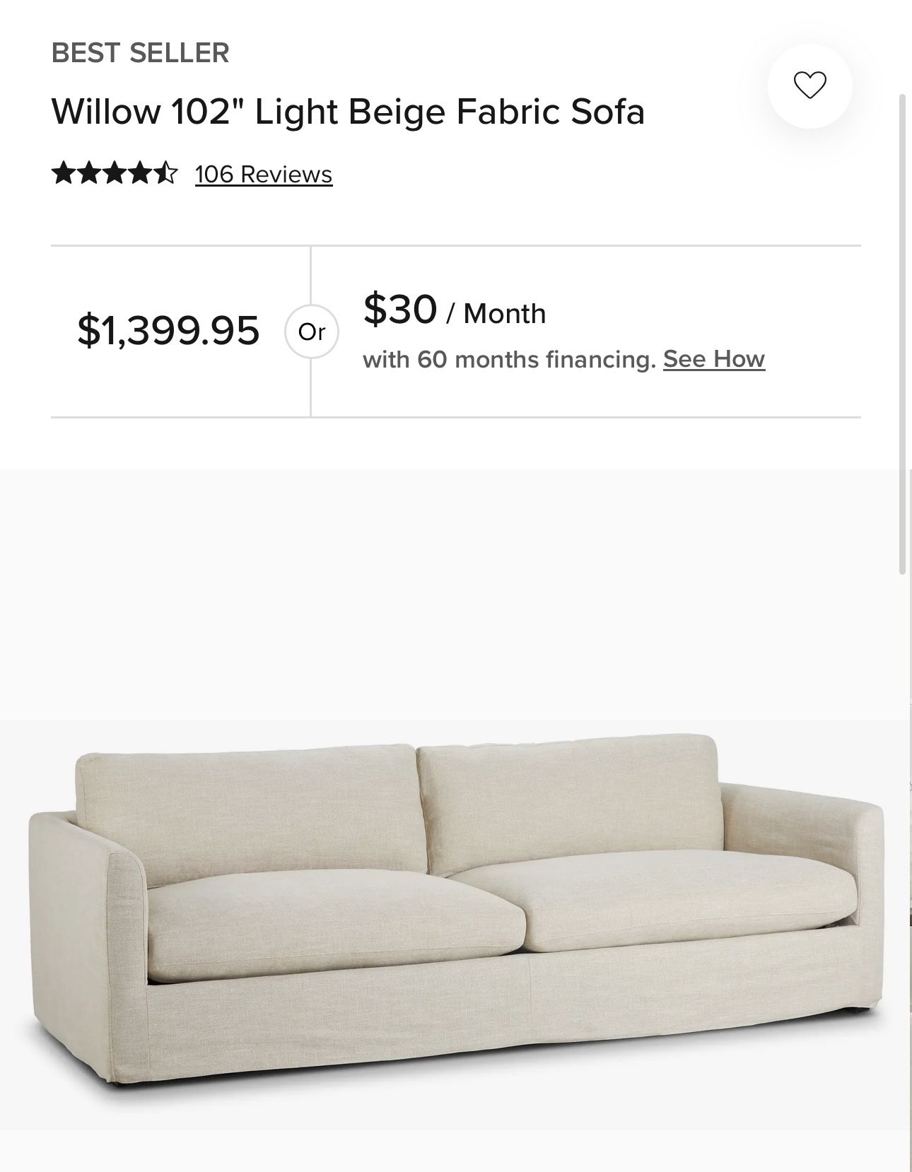 City furniture Willow Sofa 102”