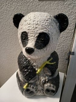 Vintage Panda holding bamboo cookie jar