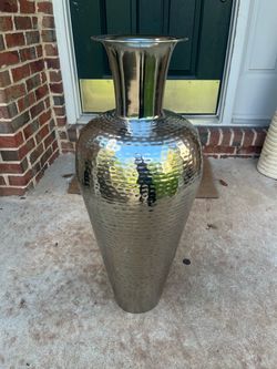 Large 30” Hammered Silver Metal Floor Vase – At Home