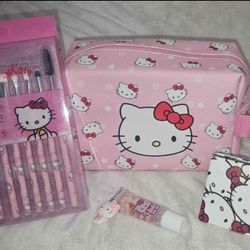 HELLO KITTY COSMETIC BAG MIRROR 7 PCS MAKE UP BRUSH AND LIP GLOSS