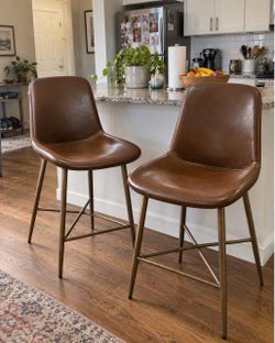 Set of 2 Brown Faux Leather Counter/Bar Stools – Bronze Metal Legs