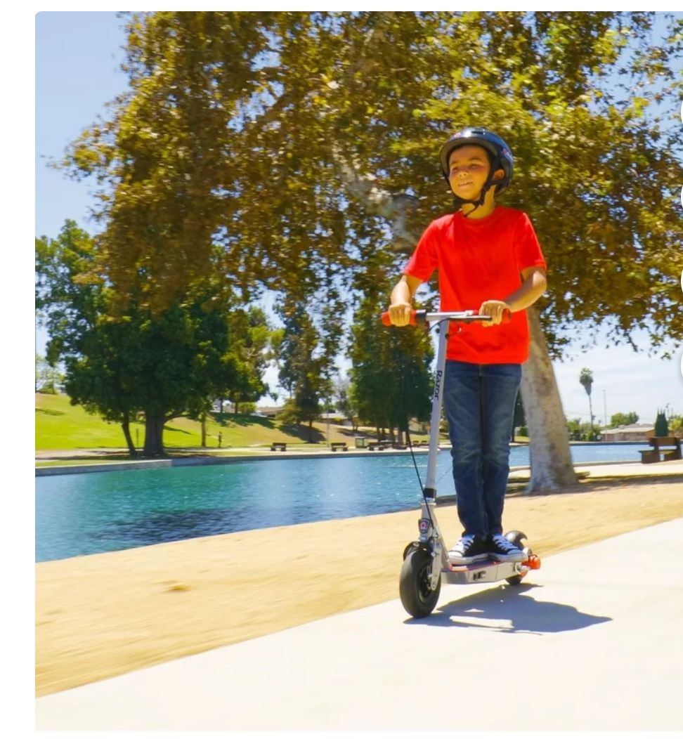 Razor Black Label E100 Electric Scooter - Silver / Red, for Kids Ages 8+ and up to 120 Ibs, 8" Pneumatic Front Tire, Up to 10 mph & up to 35 mins of R