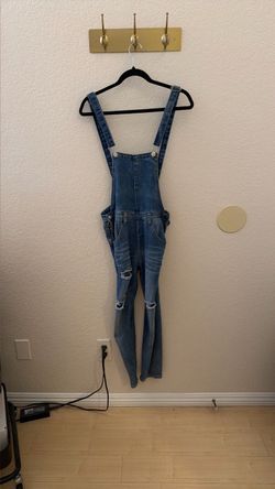 Distressed Denim Flare Overalls