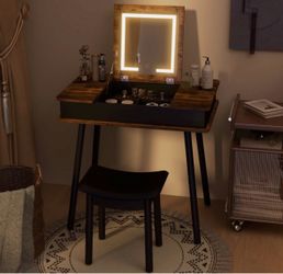 Costway Vanity Table Set w/ Flip Top Mirror Lights USB Port Cushioned Stool