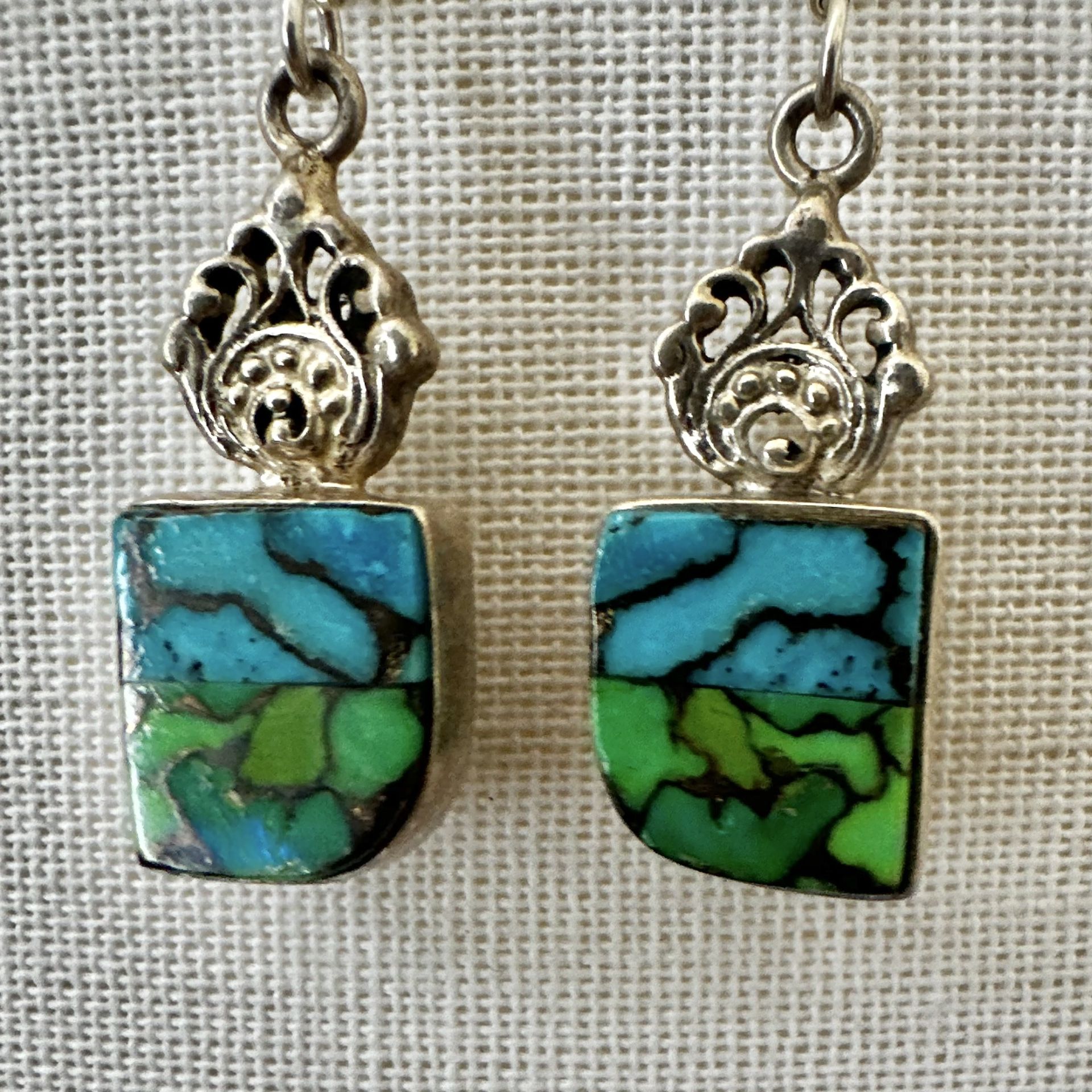 Sterling Silver Peacock Dahlia Turquoise Composite Inlay Earrings 🌵