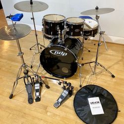 Pdp Z5 complete drum set  22 10 12 14 14” quiet cymbals Ludwig Hihat double pedal in Ontario 91762. $400 cash good condition sticks key and throne LP 