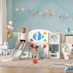 "White, gray 9 in 1 Toddler Slide, Kids Climber Playset with Basketball Hoop & Ball Set  Indoor Outdoor Playground   "