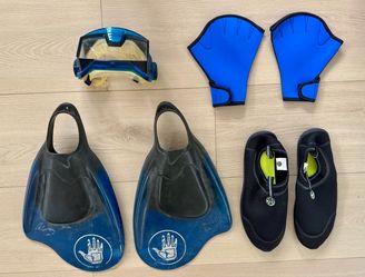 1- Kicks Swim-fins in the Kai Blue colorway, designed in Hawaii for high-performance bodyboarding. XL. $20 2- Neoprene Swimming Dive Webbed Gloves $