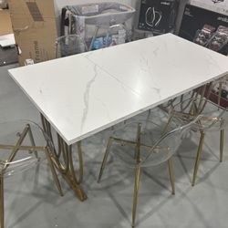 White/Golden Dining Table w/ 6 Acrylic/Gold Dining Chairs NEW / Juego de Comedor