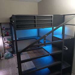 Full Sized Loft Frame/Desk With Lights And Matress