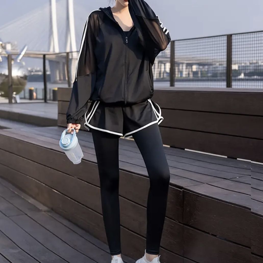Two pieces set tracksuit bomber jacket sport set leggings shorts activewear mesh