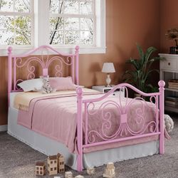 Metal Twin Platform Bed Frame, Butterfly Pattern Design, Pink Wrought Iron-Art Headboard & Footboard, Under Bed Storage, No Box Spring Needed, Easy As
