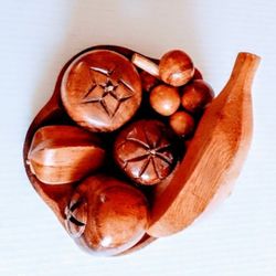 Vintage Wooden Fruit Bowl Monkey Pod 6 count Mid Century


