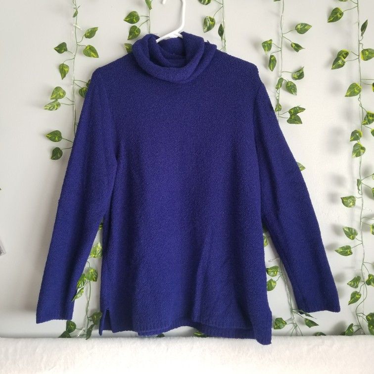 Chico's Dark Blue Womens Cowl Neck Acrylic Pullover Sz 2/Lrg Wool Tunic Sweater