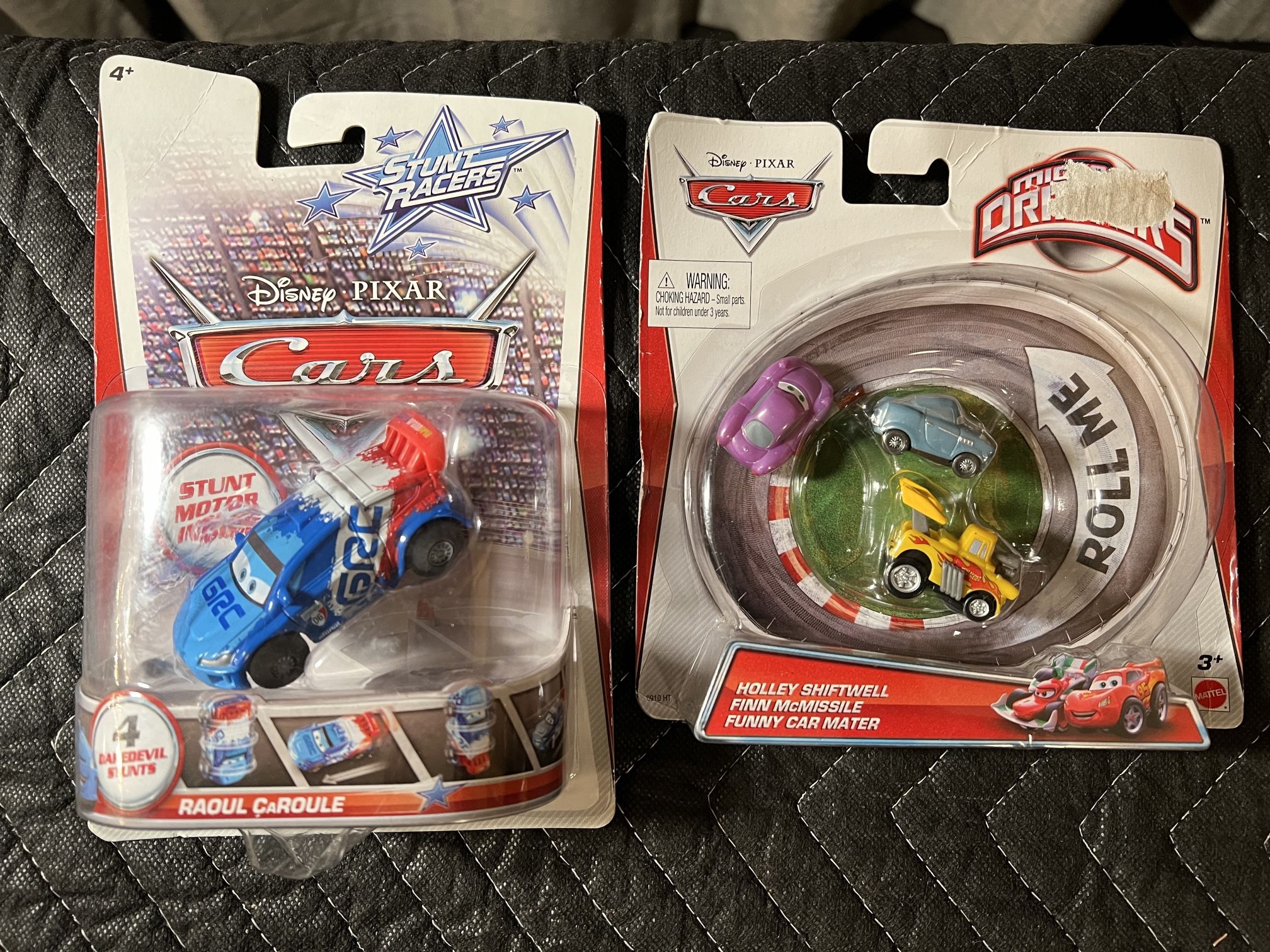 Disney Pixar Cars Bundle : Stunt Racers Raoul CaRoule #Y1299 & Micro Drifters #Y9892 Holley Shiftwell, Finn Mcmissile Funny Car Mater NEW