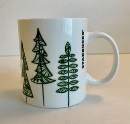 Starbucks Coffee Mug 2015 White Green Pine Trees Christmas Holiday Cup 12 oz