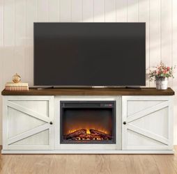 Fireplace TV Stand for TVs up to 80 Inches, 18-Inch ELectric Fireplace with Remote, Farmhouse Entertainment Center, Media Console Table
