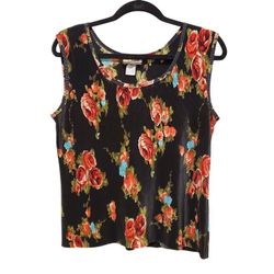Vintage 90s Y2K CDW Black Red Floral Pleated Sleeveless Shell Blouse Top L