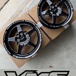  2 Genuine VMS Star Skinny Wheels Revolver 15X3.5 4X100/114 20 ET 73.1 CB Black 10ET  Center caps included.  No tires included.  Features:  • WHEEL DI
