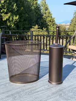 Bronze finish metal waste basket and toilet plunger-open box