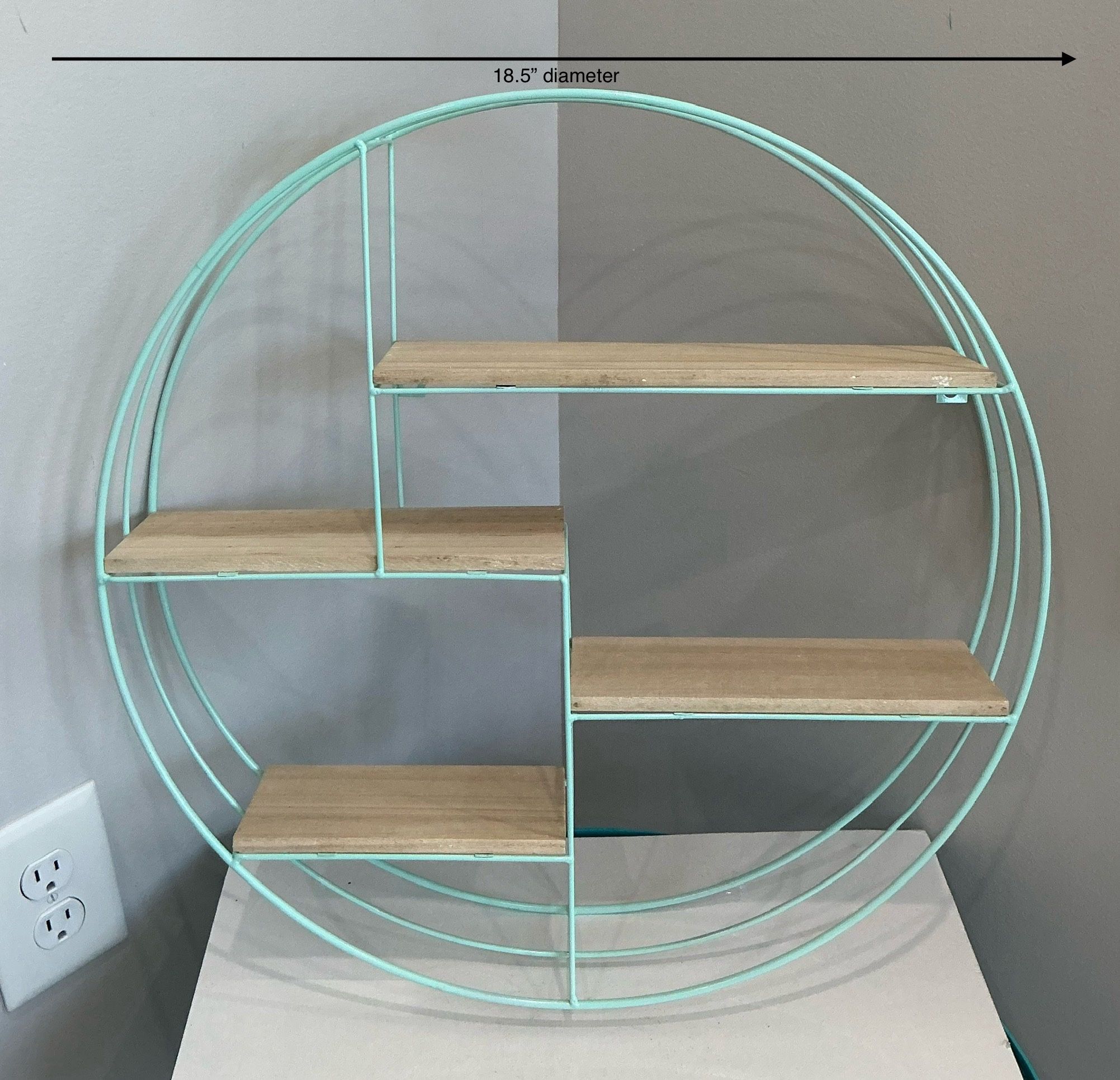 Freshly Painted Pale Sea Foam Green Round Metal Hanging Shelf Unit with 4 Light Wood Shelves