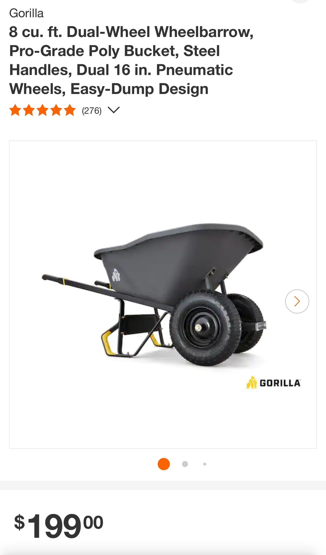 Gorilla 8 cu. ft. Dual-Wheel Wheelbarrow, Pro-Grade Poly Bucket, Steel Handles, Dual 16 in. Pneumatic Wheels, Easy-Dump Design