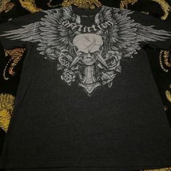 Affliction black & gray skull with wings and roses graphic tee