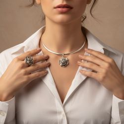 Sterling Marcasite Rose On Omega Necklace with Rose Ring Set 