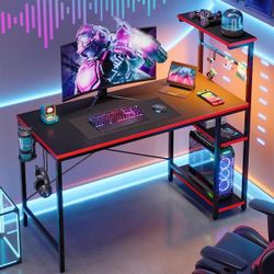 NEW Bestier 44 in. Rectangular Gaming Desk with 4 Tier Storage Shelves Computer Desk RGB LED LIGHTS