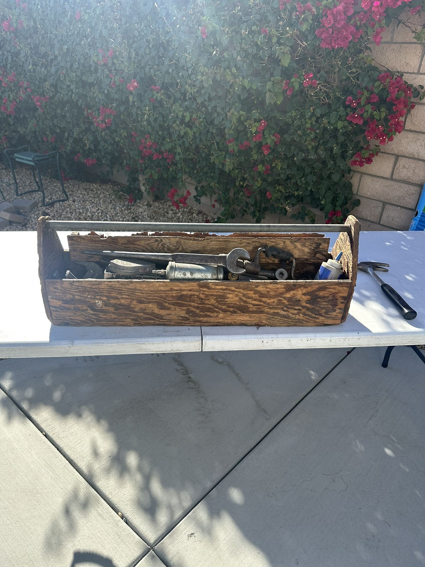 Antique primitive, wood toolbox carrier.    No tools are included. Just box carrier.