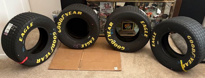 4 Goodyear Dirt Tires, 27X12.0X15, 2) D6154 & 2) D6156, Radial Stock TL, Rollout measured, Nascar Truck Series