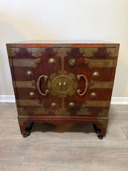 Vintage Korean Wood Cabinet – Ornate Metalwork – Korean Heritage Label