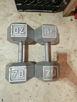 Pair 70lbs metal hex dumbbells
