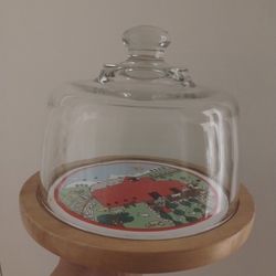 Vintage Hickory Farms Barnyard Homestead Wooden Cheese Tray With Glass Dome (View All Photos)