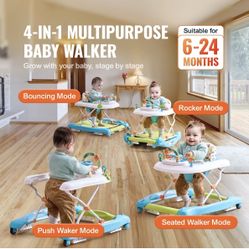 Baby Walker 4 in 1, Foldable Height Adjustable Baby Walker with Wheels, Infant Toddler Walker with Foot Pads, Anti-Fall Baby Walker With Music 
