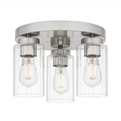 Delphi 13.25 in. 3-Light Brushed Nickel Contemporary Flush Mount with Clear Ribbed Glass Shades - New
