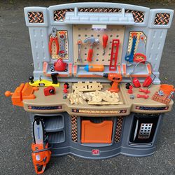 Large Step2 Toy Tool Bench w/Lights & Sounds, Realistic Toy Chainsaw, & Accessories