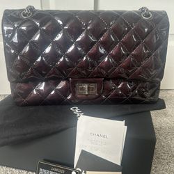 CHANEL 2.55 Reissue Double Flap Patent Leather Shoulder Bag Black Maxi Jumbo Maroon Chain