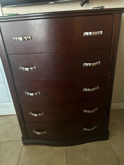 Dark Cherry Wood Tall Dresser 5 Drawer, end table & California King, bedframe, headboard, footboard, and side boards