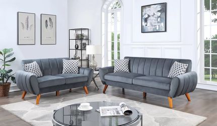 Brand new dark gray velvet midcentury sofa + loveseat 2PCs set