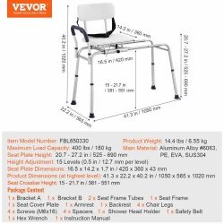 Sliding Tub Transfer Bench, Height Adjustable Bathtub Transfer Bench with Cut-Out Seat, Reversible Backrest & Safety Belt, Non-Slip Shower Chair for E