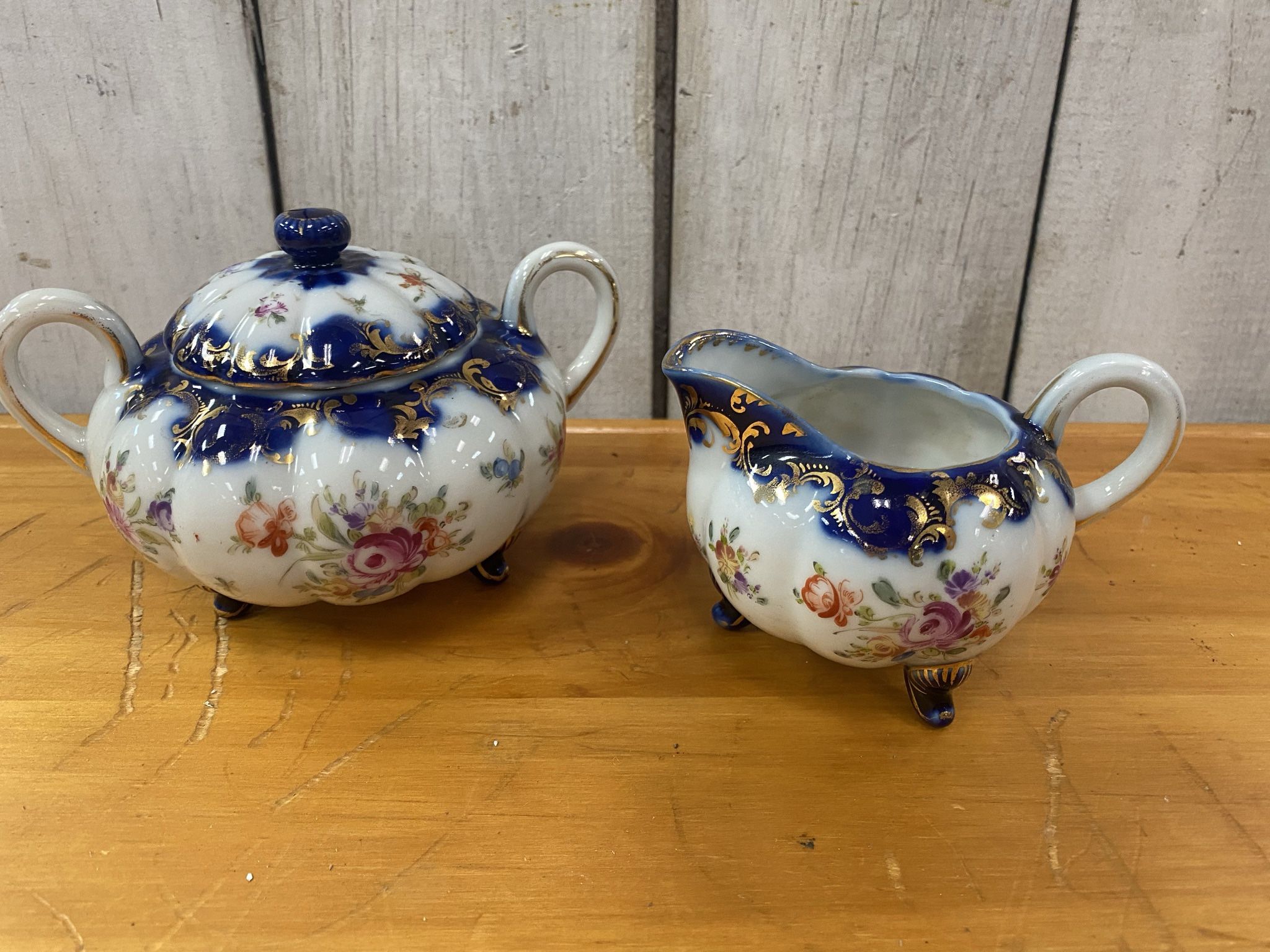 Vintage Creamer & Sugar Blue/White/Gold Set 