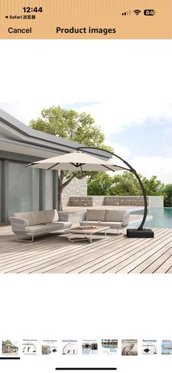 New in box 12FT Cantilever Umbrella with Base Large Curvy Outdoor Aluminum Offset Umbrella w/ 360° Rotation, UV Resistant Canopy for Patio, Garden, Ba
