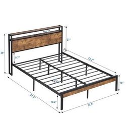 Full Size Metal Platform Bed Frame with Wooden Headboard, LED Lights & USB Ports  Integrated Technology: Built-in LED lights with remote control funct